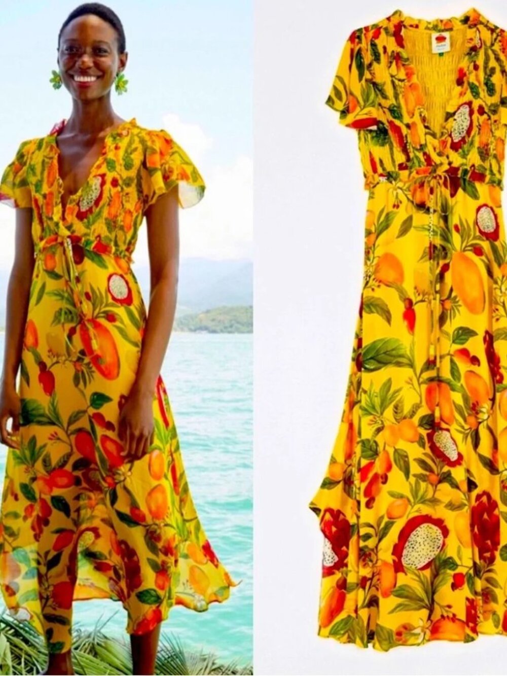 FARM RIO Fruit Lovers Yellow Smocked Tropical Printed Maxi Dress